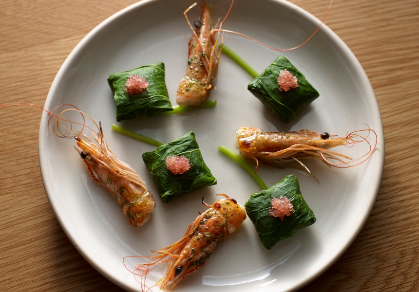 Prawn, nasturtium, finger lime
