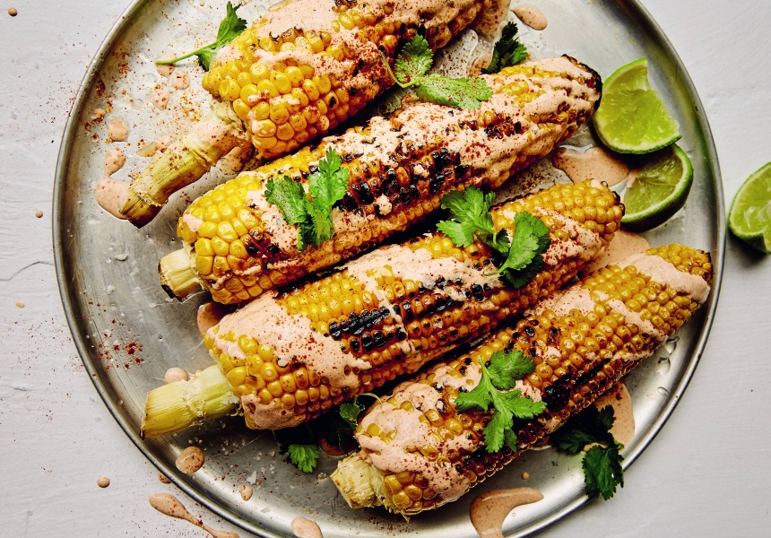 Paul West’s barbequed corn with tangy sour cream dressing
