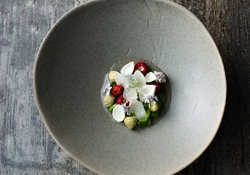 Chilled broth of broad bean, green almond and strawberry, fig leaf and yoghurt whey
