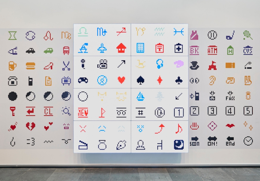 Exhibition image of MoMA at NGV:  130 Years of Modern and Contemporary Art, 2018 on display at  NGV  International from 9 June – 7 October

Shigetaka  Kurita  et  al.Japanese  born  1972NTT  DOCOMO,  Inc.  Japan(manufacturer)Japanese  est.  1991  Emoji  1998–99digital  image  The  Museum  of  Modern  Art,  New  YorkGift  of  NTT  DOCOMO,  Inc.,  2016©  NTT  DOCOMO,  Inc.
