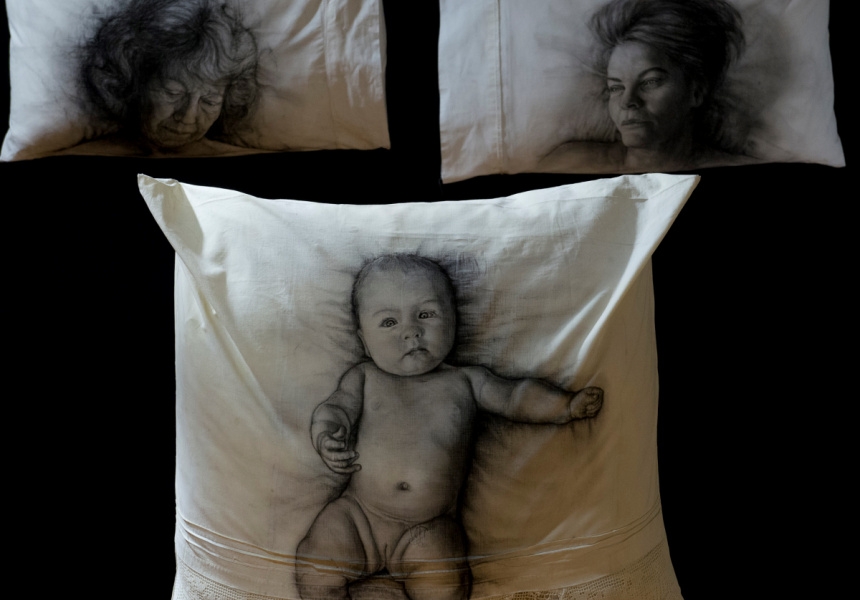 installation view of "Meriani" with pillow portrait by Margaret Ambridge
