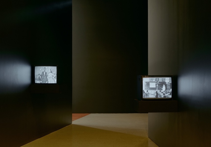 Installation view of Destiny Deacon and Virginia Fraser’s Abi see da classroom 2006 on display in DESTINY at The Ian Potter Centre: NGV Australia, Melbourne, 2020.
