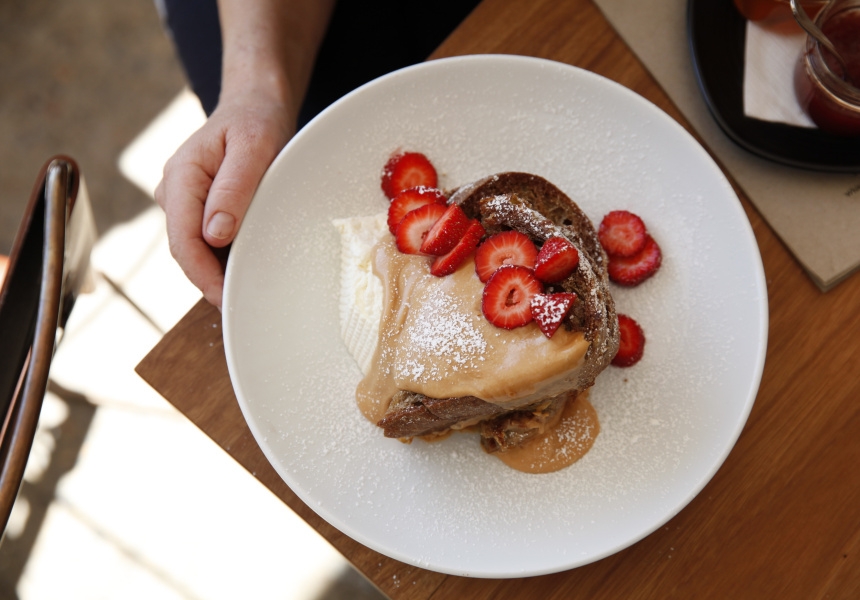 West Juliett’s French Toast with Ricotta, Strawberries and Salted Caramel
