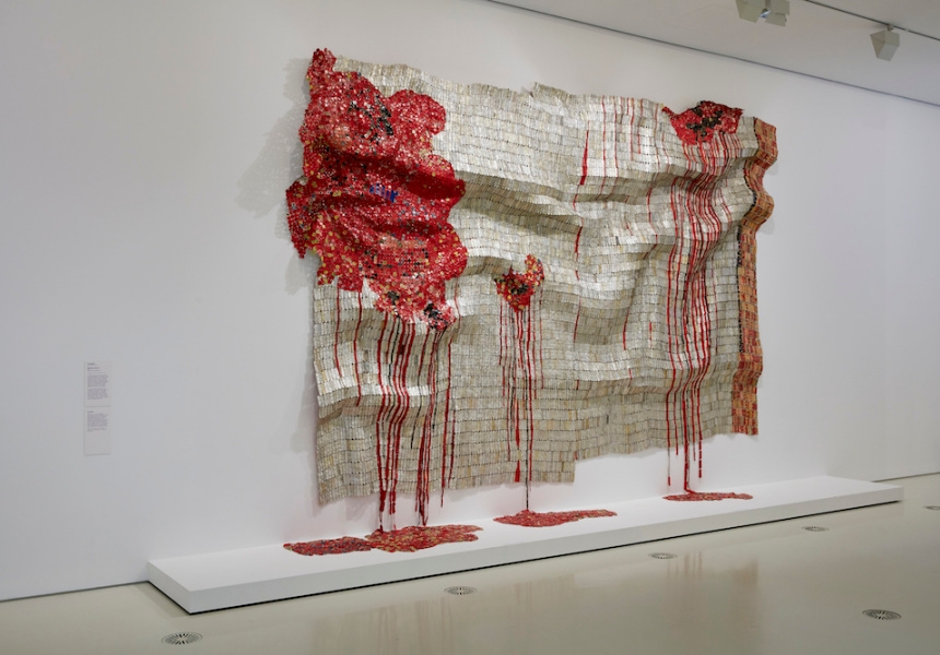 Exhibition image of MoMA at NGV:  130 Years of Modern and Contemporary Art, 2018 on display at  NGV  International from 9 June – 7 October

El  AnatsuiGhanaian  born  1944Bleeding  Takari  II2007aluminium  and  copper  wire393.7  x  576.6  cm  The  Museum  of  Modern  Art,  New  YorkGift  of  Donald  L.  Bryant,  Jr.  and  Jerry  Speyer,  2008©  El  Anatsui.  Courtesy  of  the  artist  and  Jack  Shainman  Gallery,  New  York
