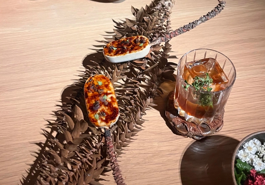 Fallen bunya branches with native thyme and wattleseed, Restaurant Botanic
