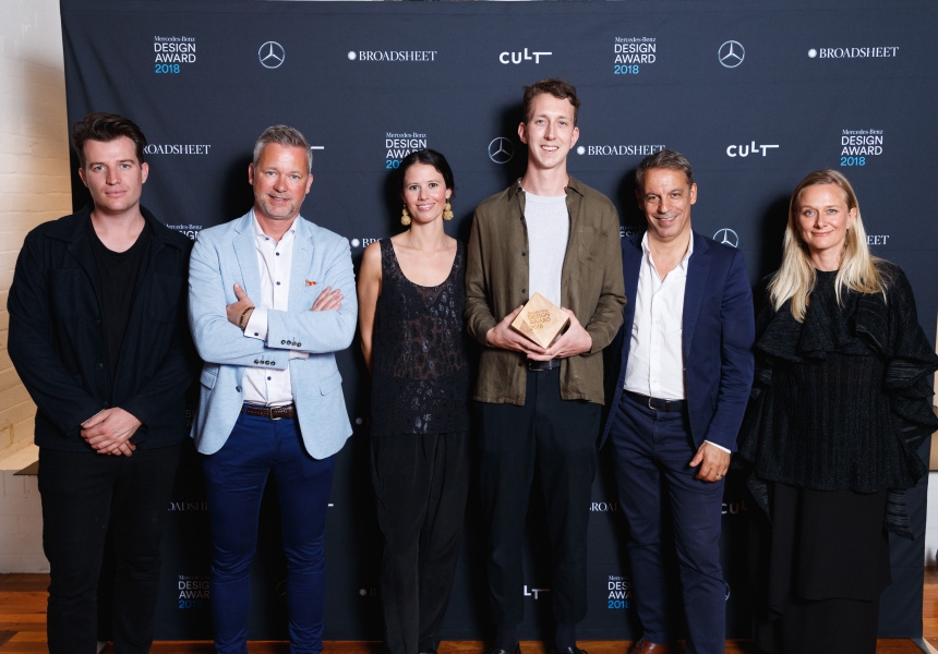 (L-R) Judges Tom Fereday, André Dutkowski and Katya Wachtel, winner Zachary Hanna, judges Richard Munao and Adele Winteridge
