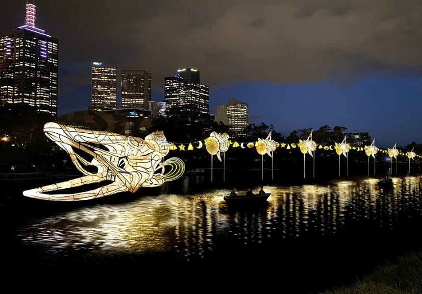 <em>Wandering Stars</em>, a 200-metre-long eel sculpture adjacent to Birrarung Marr
