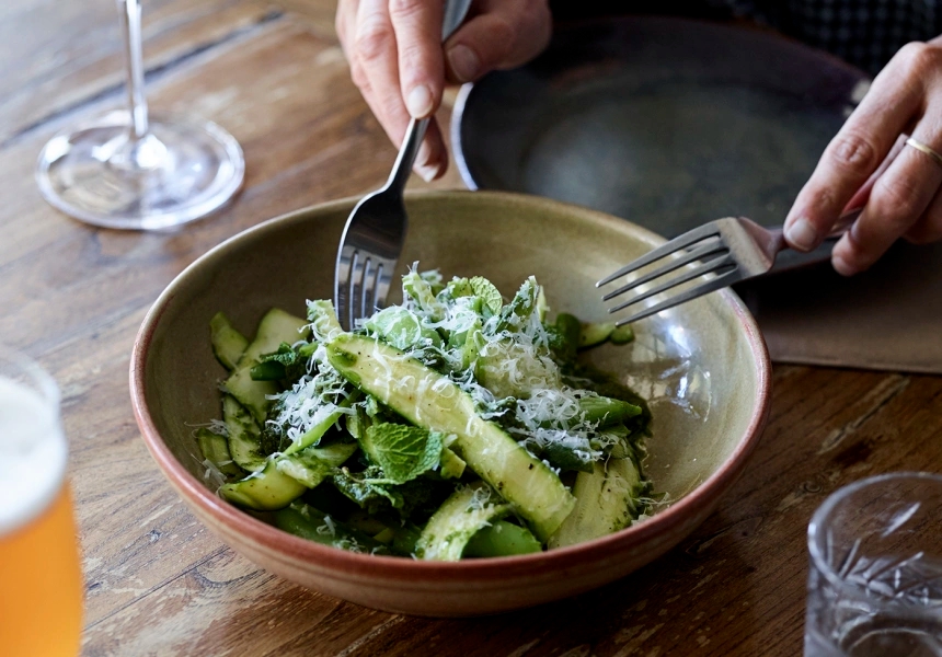 Big Poppa’s zucchini and sugar snap salad with macadamia pesto
