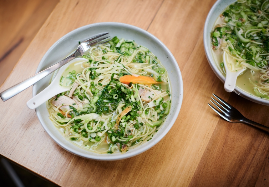 Emma McCaskill’s roast chicken noodle soup]
