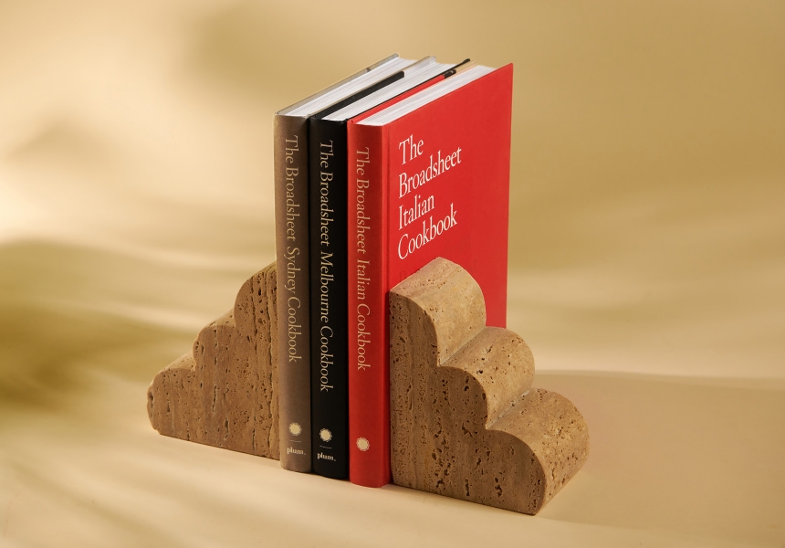 En Gold cloud bookends and Broadsheet cookbooks
