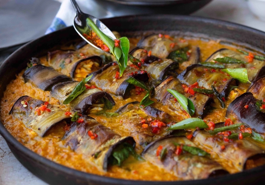 Yotam Ottolenghi’s stuffed eggplant in curry and coconut dal
