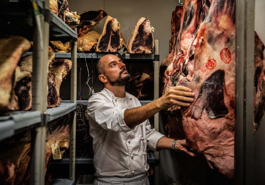 Hunter St Hospitality culinary director Corey Costelloe in Rockpool's dry ageing room
