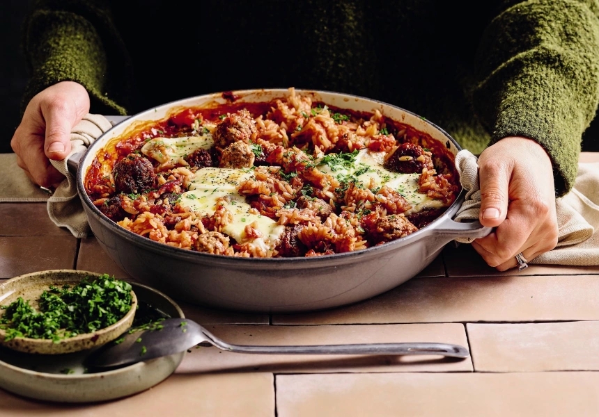 Sarah Pound's meatball, risoni and mozzarella bake
