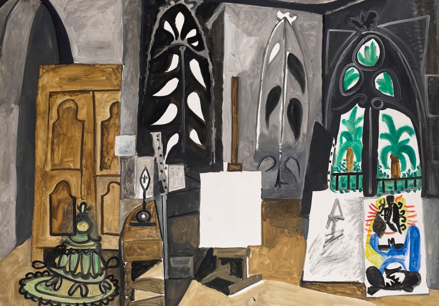 Pablo Picasso
Spanish 1881–1973
The studio at La Californie (L’Atelier de
La Californie) 30 March 1956
oil on canvas
114.0 x 146.0 cm
Musée national Picasso-Paris
Donated in lieu of tax, 1979
© Succession Picasso/Copyright Agency, 2022 Photo © RMN-Grand Palais (Musée national Picasso-Paris) / Mathieu Rabeau
