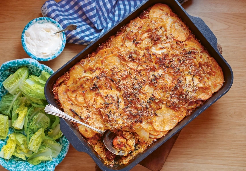 Sophie Hansens's one-tray rice, potato and chorizo pilaf
