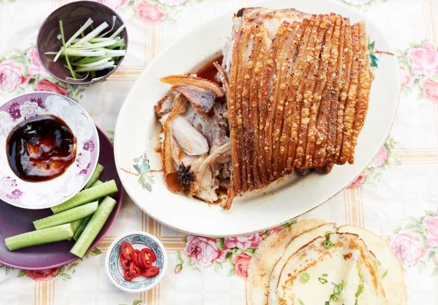 Bill Granger’s Spiced, Slow-Cooked Pork Shoulder with Spring Onion Pancakes
