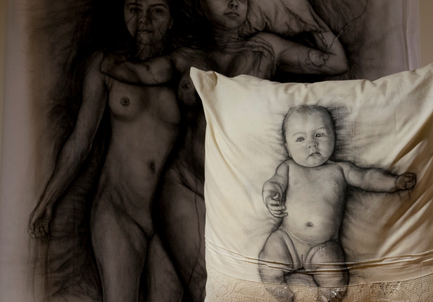 installation view of "Meriani" with pillow portrait by Margaret Ambridge 
