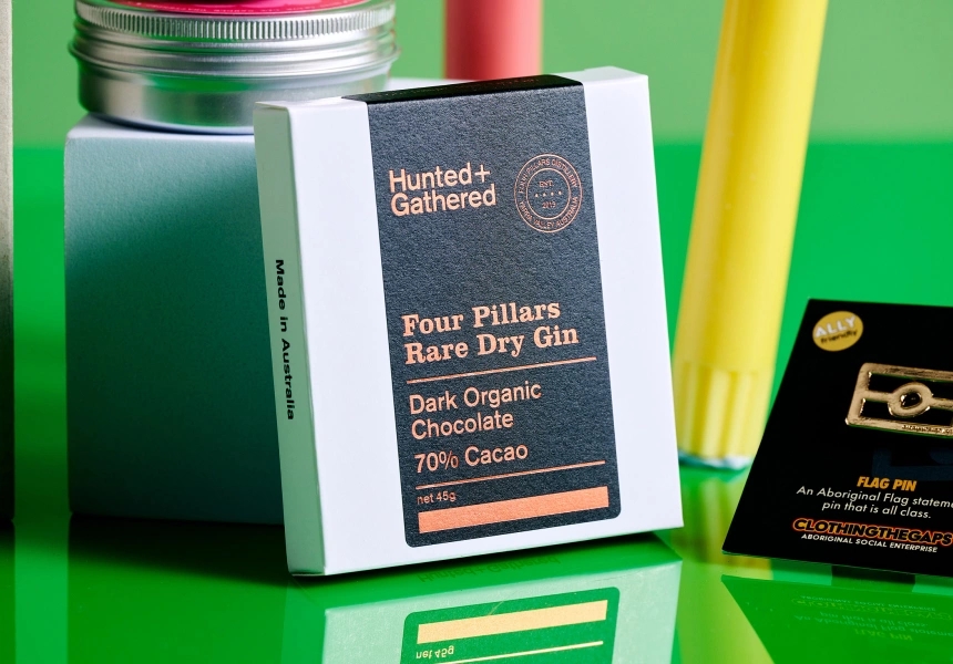 Four Pillars gin chocolate from Hunted & Gathered, The flag pin from Clothing the Gaps
