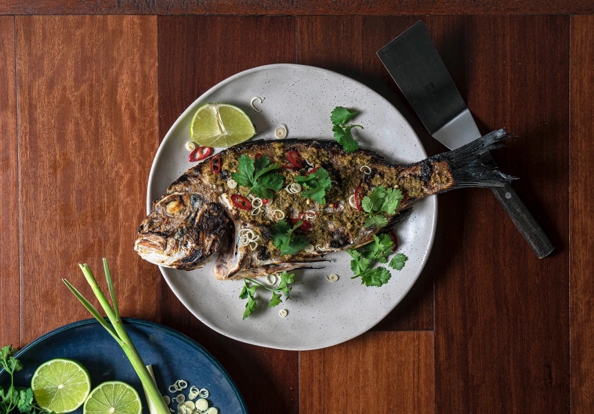 Andy Allen’s barbeque whole snapper with lemongrass, ginger and makrut lime
