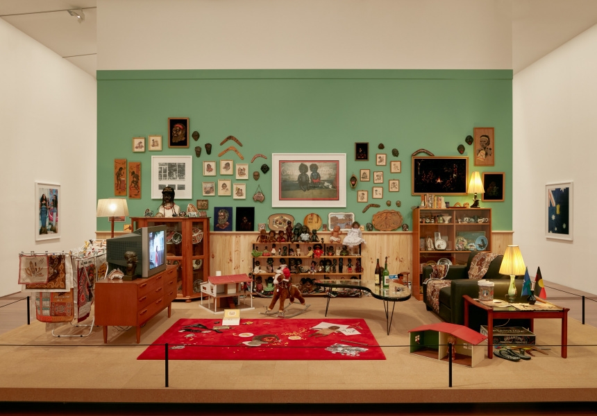 Installation view of Destiny Deacon’s Koori Lounge Room 2020 on display in DESTINY at The Ian Potter Centre: NGV Australia, Melbourne, 2020.
