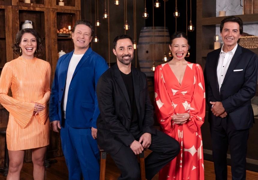 L-R: Sofia Levin, Jamie Oliver, Andy Allen, Poh-Ling Yeow, Jean-Christophe Novelli
