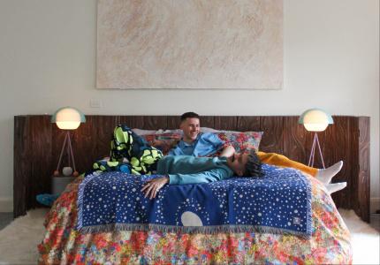 <p>Josh Jessup and Matt Moss with their new collab throw.</p>
